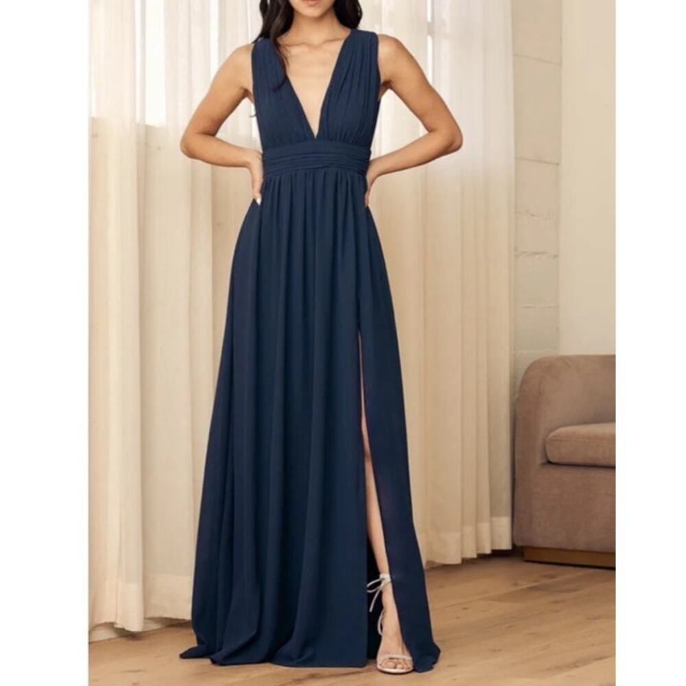 Lulus Heavenly Hues Navy Blue Maxi Dress Size Small V Neck Chiffon Wedding NWT